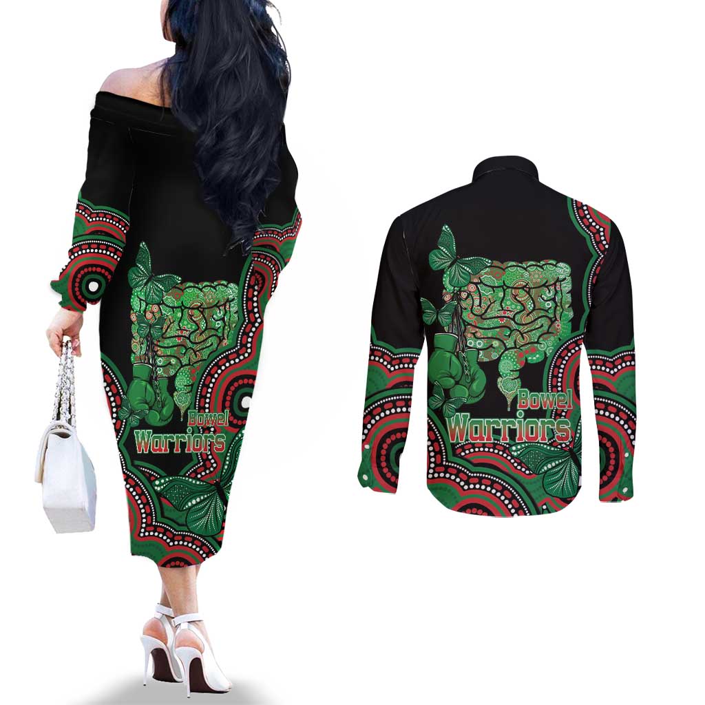 Australia Bowel Cancer Awareness Month Couples Matching Off The Shoulder Long Sleeve Dress and Long Sleeve Button Shirt Boxing Gloves Warriors Aboriginal Art