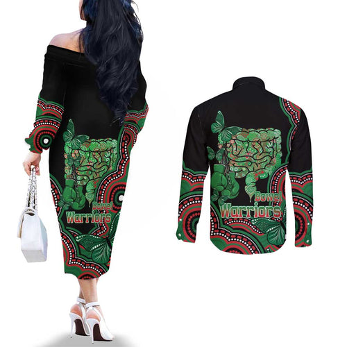 Australia Bowel Cancer Awareness Month Couples Matching Off The Shoulder Long Sleeve Dress and Long Sleeve Button Shirt Boxing Gloves Warriors Aboriginal Art