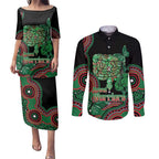 Australia Bowel Cancer Awareness Month Couples Matching Puletasi and Long Sleeve Button Shirt Boxing Gloves Warriors Aboriginal Art