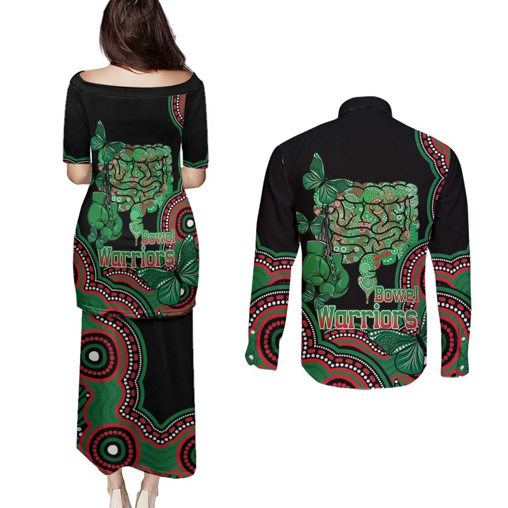 Australia Bowel Cancer Awareness Month Couples Matching Puletasi and Long Sleeve Button Shirt Boxing Gloves Warriors Aboriginal Art