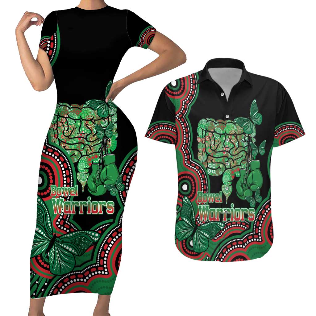 Australia Bowel Cancer Awareness Month Couples Matching Short Sleeve Bodycon Dress and Hawaiian Shirt Boxing Gloves Warriors Aboriginal Art