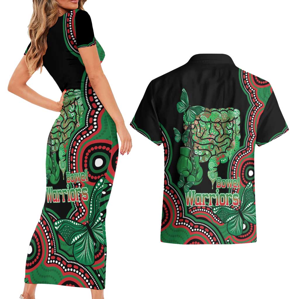 Australia Bowel Cancer Awareness Month Couples Matching Short Sleeve Bodycon Dress and Hawaiian Shirt Boxing Gloves Warriors Aboriginal Art