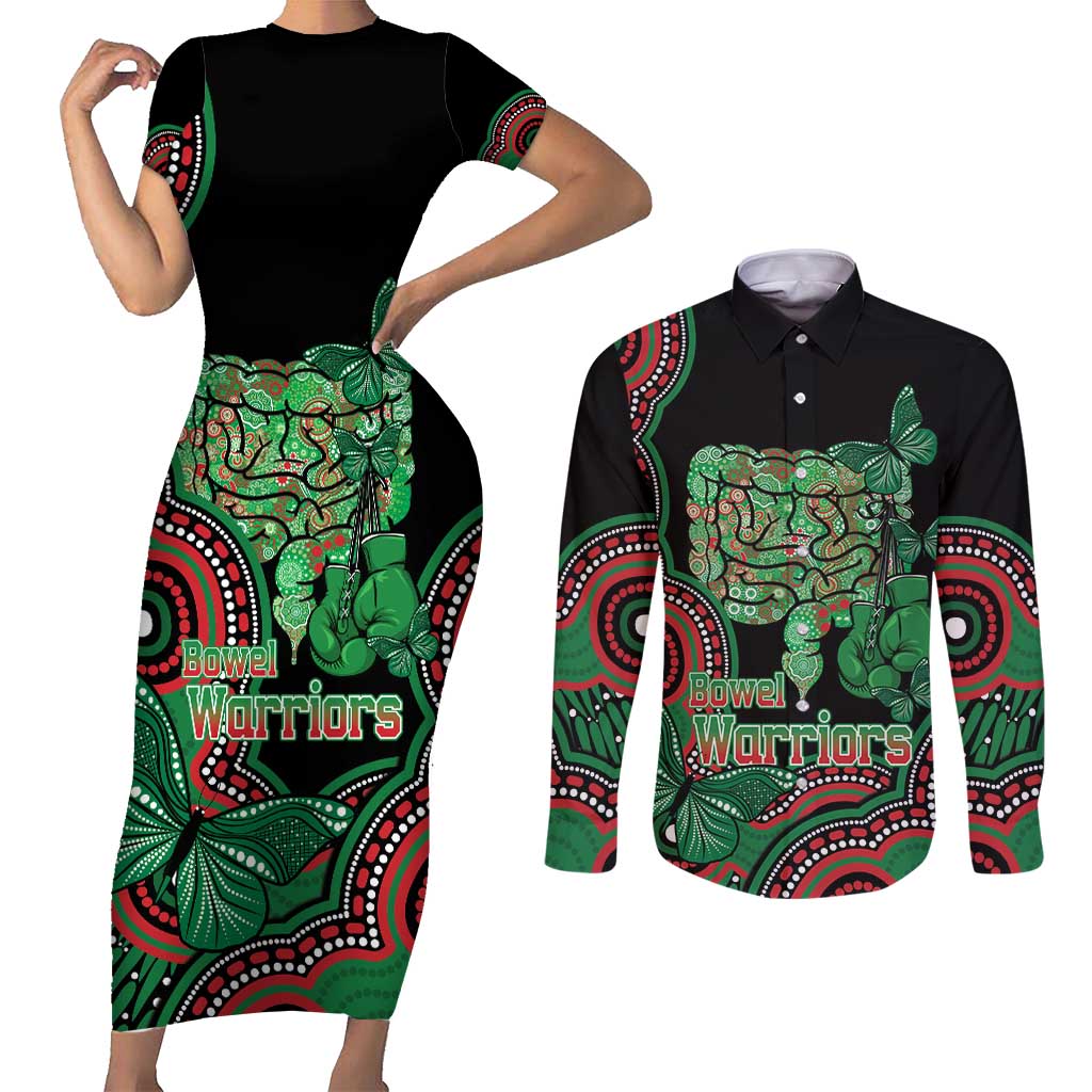 Australia Bowel Cancer Awareness Month Couples Matching Short Sleeve Bodycon Dress and Long Sleeve Button Shirt Boxing Gloves Warriors Aboriginal Art