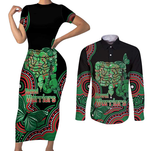 Australia Bowel Cancer Awareness Month Couples Matching Short Sleeve Bodycon Dress and Long Sleeve Button Shirt Boxing Gloves Warriors Aboriginal Art