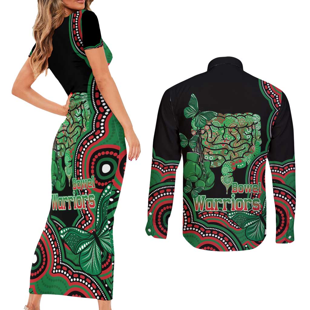 Australia Bowel Cancer Awareness Month Couples Matching Short Sleeve Bodycon Dress and Long Sleeve Button Shirt Boxing Gloves Warriors Aboriginal Art