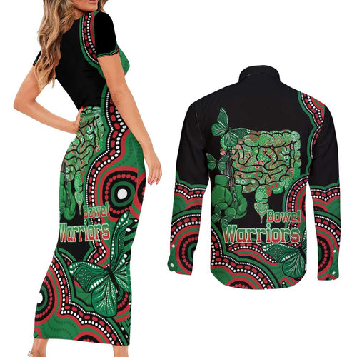 Australia Bowel Cancer Awareness Month Couples Matching Short Sleeve Bodycon Dress and Long Sleeve Button Shirt Boxing Gloves Warriors Aboriginal Art