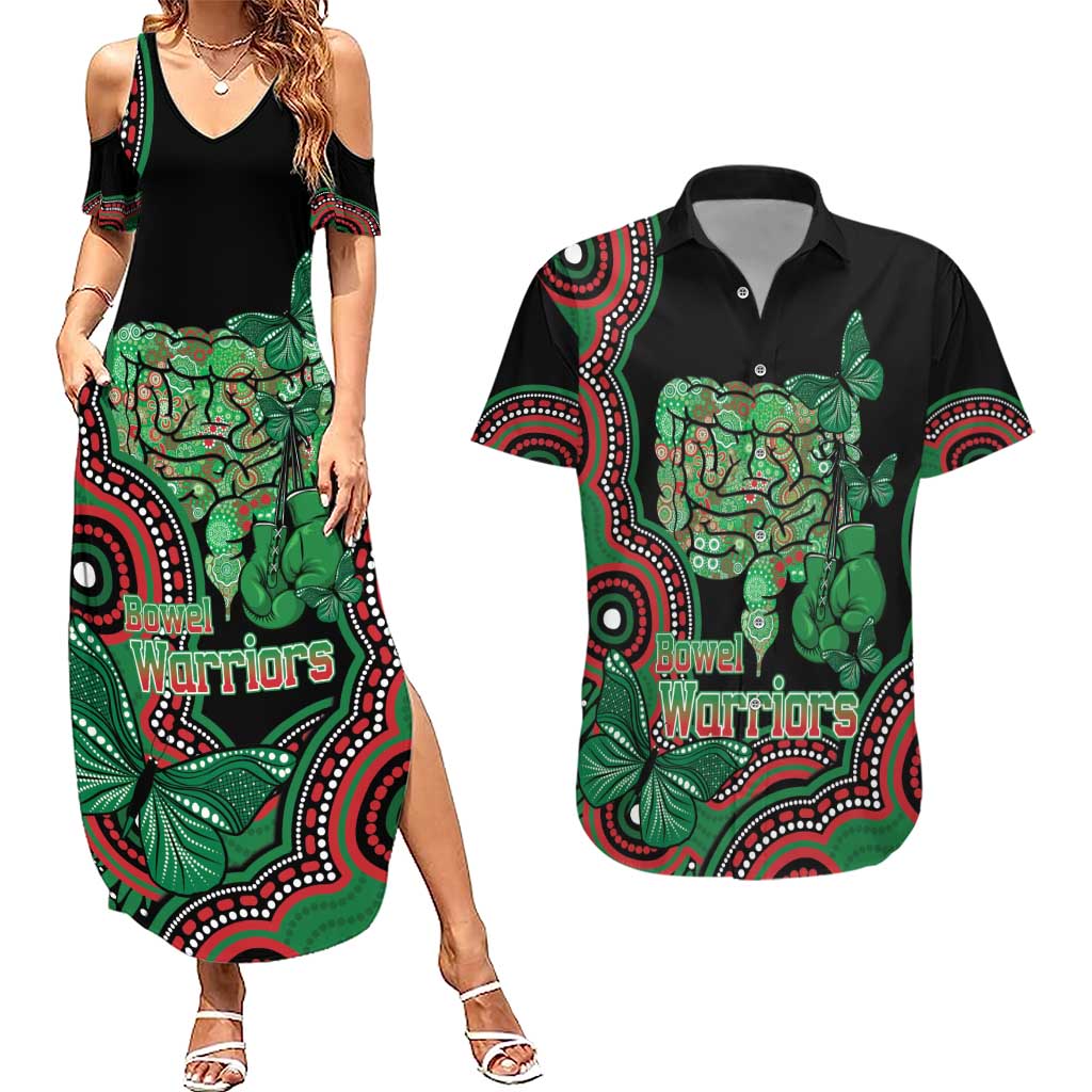 Australia Bowel Cancer Awareness Month Couples Matching Summer Maxi Dress and Hawaiian Shirt Boxing Gloves Warriors Aboriginal Art