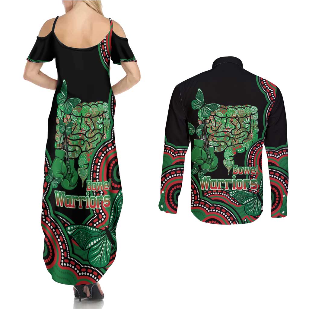 Australia Bowel Cancer Awareness Month Couples Matching Summer Maxi Dress and Long Sleeve Button Shirt Boxing Gloves Warriors Aboriginal Art