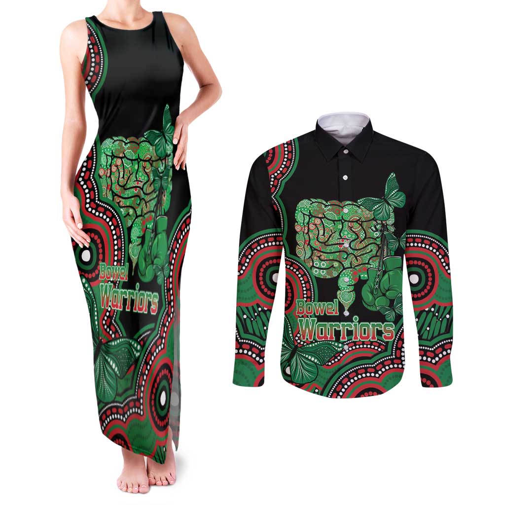 Australia Bowel Cancer Awareness Month Couples Matching Tank Maxi Dress and Long Sleeve Button Shirt Boxing Gloves Warriors Aboriginal Art