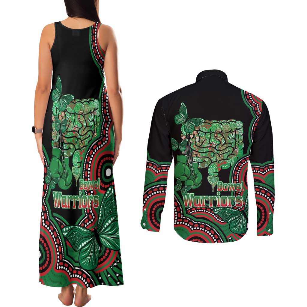 Australia Bowel Cancer Awareness Month Couples Matching Tank Maxi Dress and Long Sleeve Button Shirt Boxing Gloves Warriors Aboriginal Art