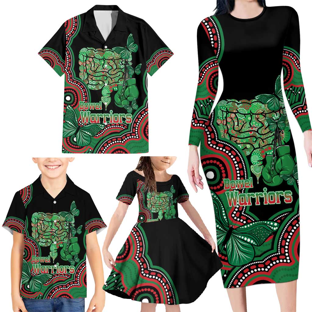 Australia Bowel Cancer Awareness Month Family Matching Long Sleeve Bodycon Dress and Hawaiian Shirt Boxing Gloves Warriors Aboriginal Art