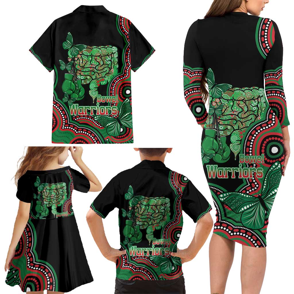 Australia Bowel Cancer Awareness Month Family Matching Long Sleeve Bodycon Dress and Hawaiian Shirt Boxing Gloves Warriors Aboriginal Art