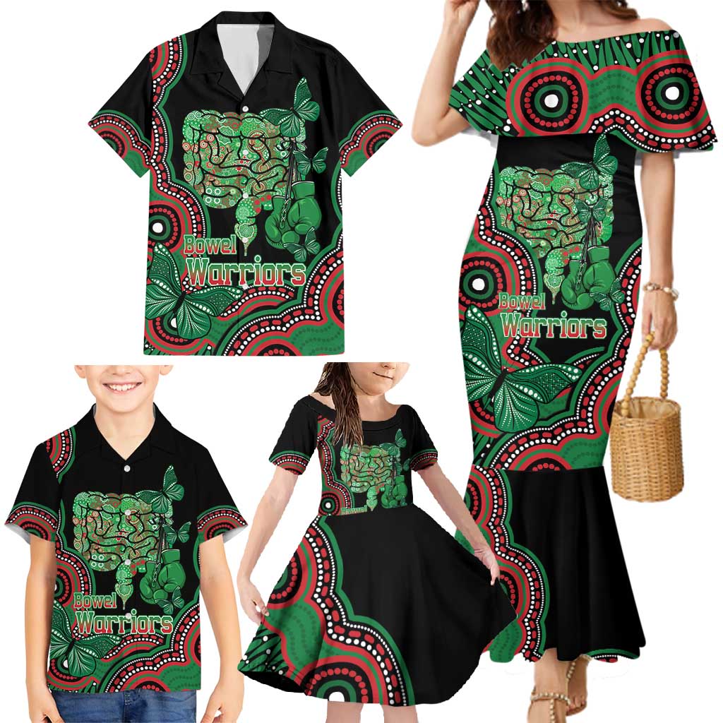 Australia Bowel Cancer Awareness Month Family Matching Mermaid Dress and Hawaiian Shirt Boxing Gloves Warriors Aboriginal Art