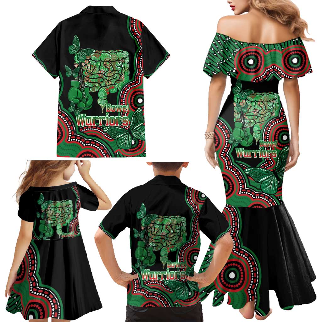 Australia Bowel Cancer Awareness Month Family Matching Mermaid Dress and Hawaiian Shirt Boxing Gloves Warriors Aboriginal Art