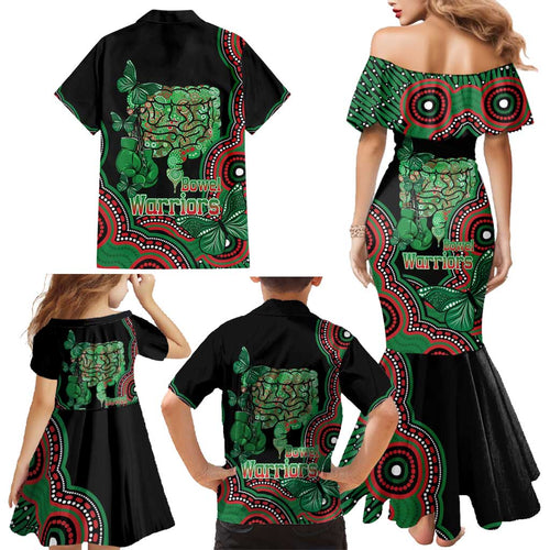Australia Bowel Cancer Awareness Month Family Matching Mermaid Dress and Hawaiian Shirt Boxing Gloves Warriors Aboriginal Art