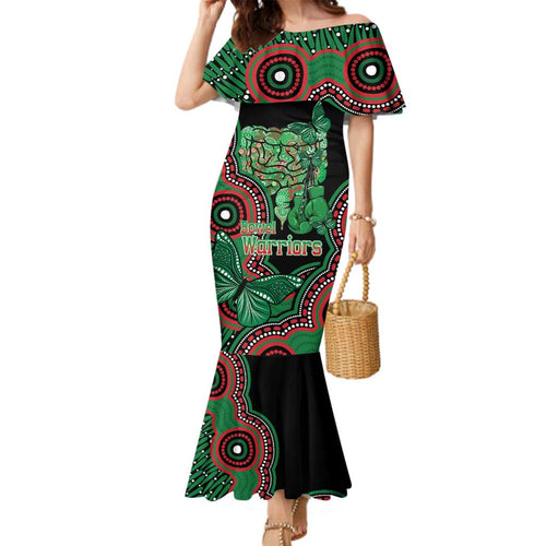 Australia Bowel Cancer Awareness Month Family Matching Mermaid Dress and Hawaiian Shirt Boxing Gloves Warriors Aboriginal Art