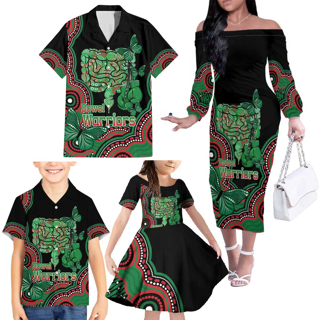 Australia Bowel Cancer Awareness Month Family Matching Off The Shoulder Long Sleeve Dress and Hawaiian Shirt Boxing Gloves Warriors Aboriginal Art