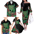 Australia Bowel Cancer Awareness Month Family Matching Off The Shoulder Long Sleeve Dress and Hawaiian Shirt Boxing Gloves Warriors Aboriginal Art