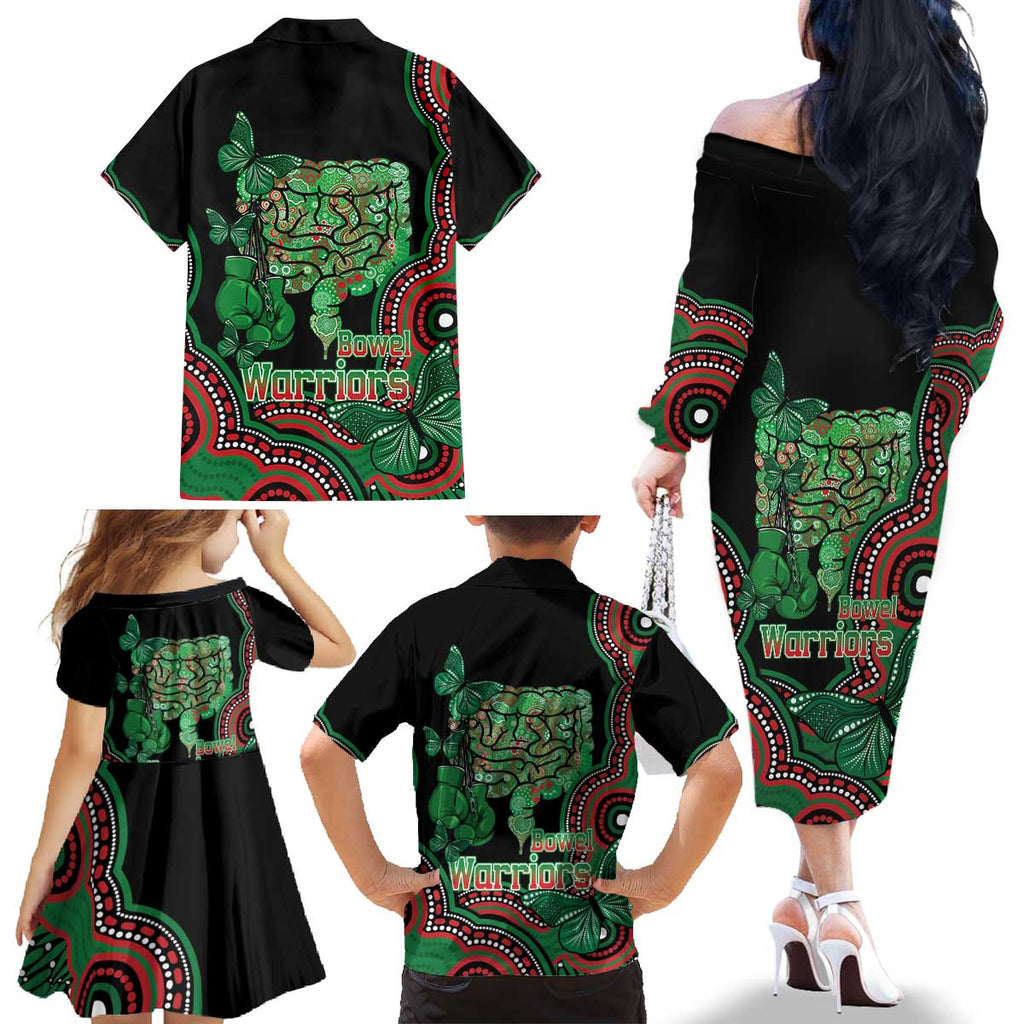 Australia Bowel Cancer Awareness Month Family Matching Off The Shoulder Long Sleeve Dress and Hawaiian Shirt Boxing Gloves Warriors Aboriginal Art