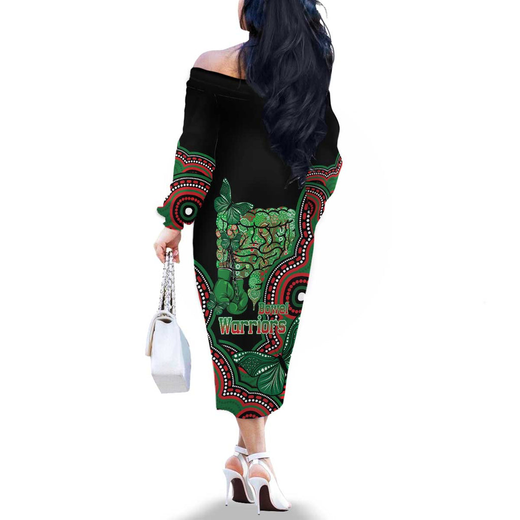Australia Bowel Cancer Awareness Month Family Matching Off The Shoulder Long Sleeve Dress and Hawaiian Shirt Boxing Gloves Warriors Aboriginal Art