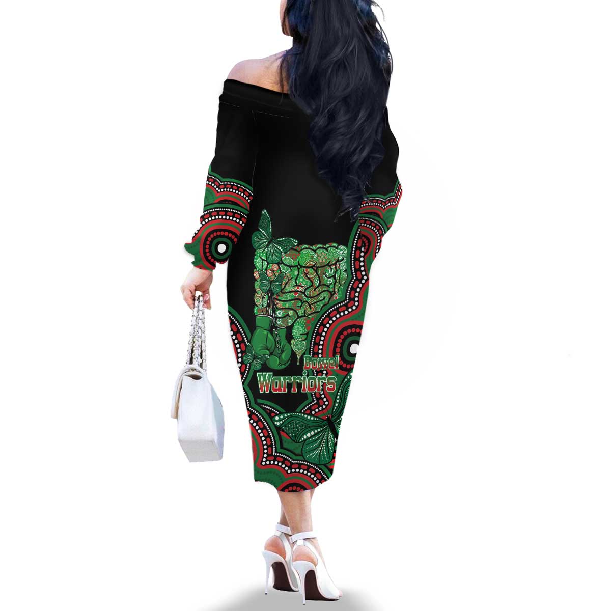 Australia Bowel Cancer Awareness Month Family Matching Off The Shoulder Long Sleeve Dress and Hawaiian Shirt Boxing Gloves Warriors Aboriginal Art