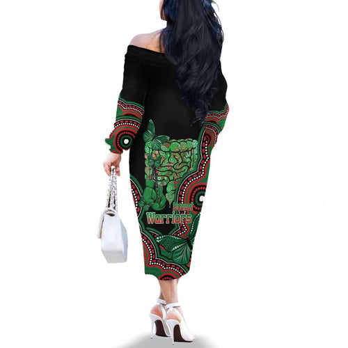 Australia Bowel Cancer Awareness Month Family Matching Off The Shoulder Long Sleeve Dress and Hawaiian Shirt Boxing Gloves Warriors Aboriginal Art