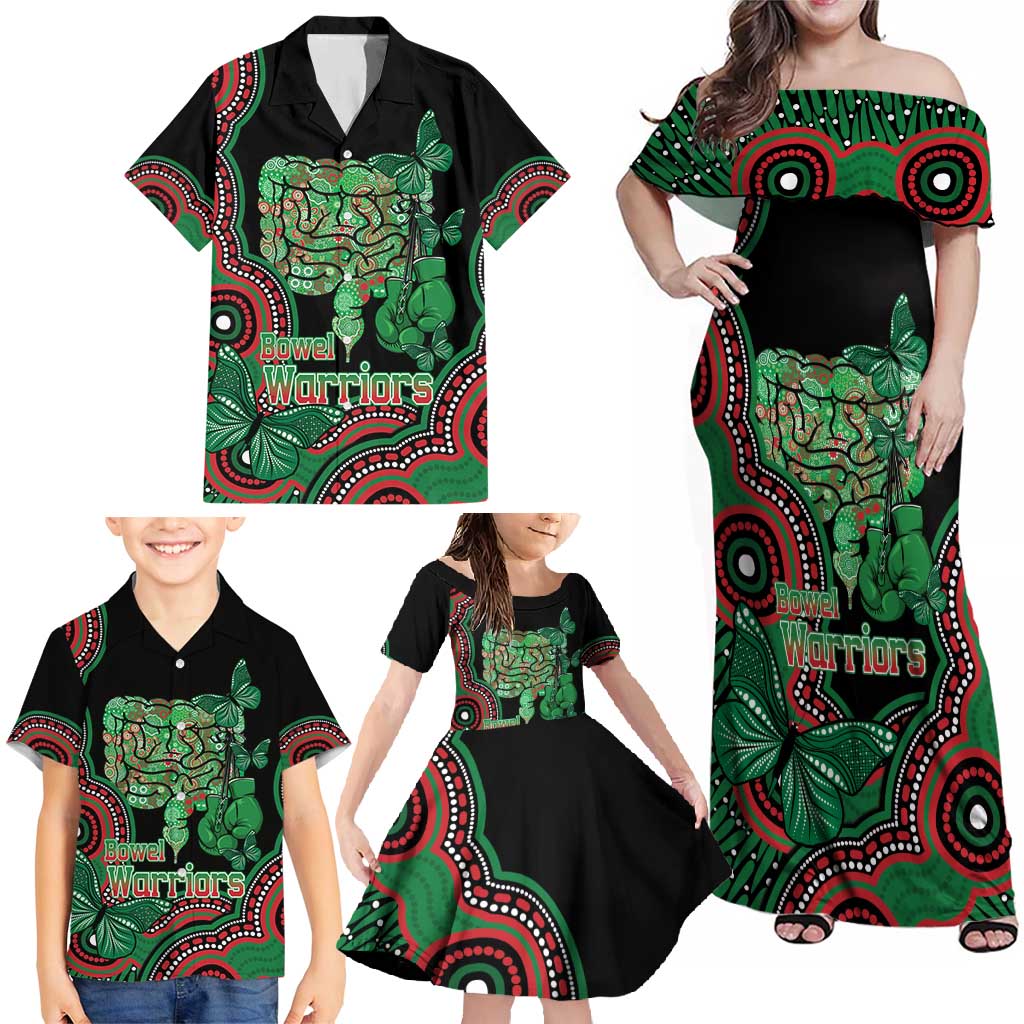 Australia Bowel Cancer Awareness Month Family Matching Off Shoulder Maxi Dress and Hawaiian Shirt Boxing Gloves Warriors Aboriginal Art