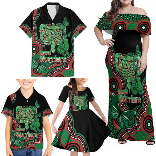 Australia Bowel Cancer Awareness Month Family Matching Off Shoulder Maxi Dress and Hawaiian Shirt Boxing Gloves Warriors Aboriginal Art