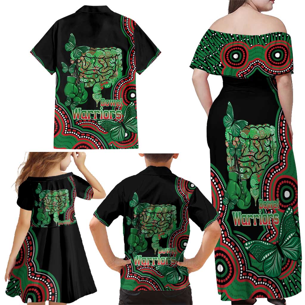 Australia Bowel Cancer Awareness Month Family Matching Off Shoulder Maxi Dress and Hawaiian Shirt Boxing Gloves Warriors Aboriginal Art