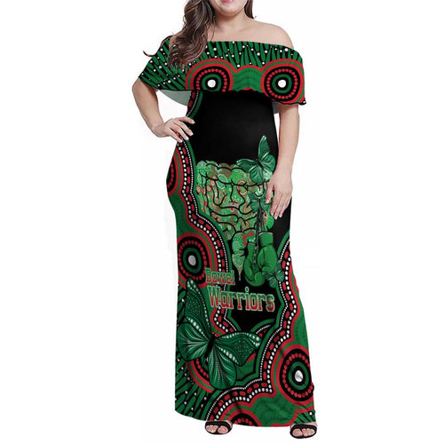 Australia Bowel Cancer Awareness Month Family Matching Off Shoulder Maxi Dress and Hawaiian Shirt Boxing Gloves Warriors Aboriginal Art