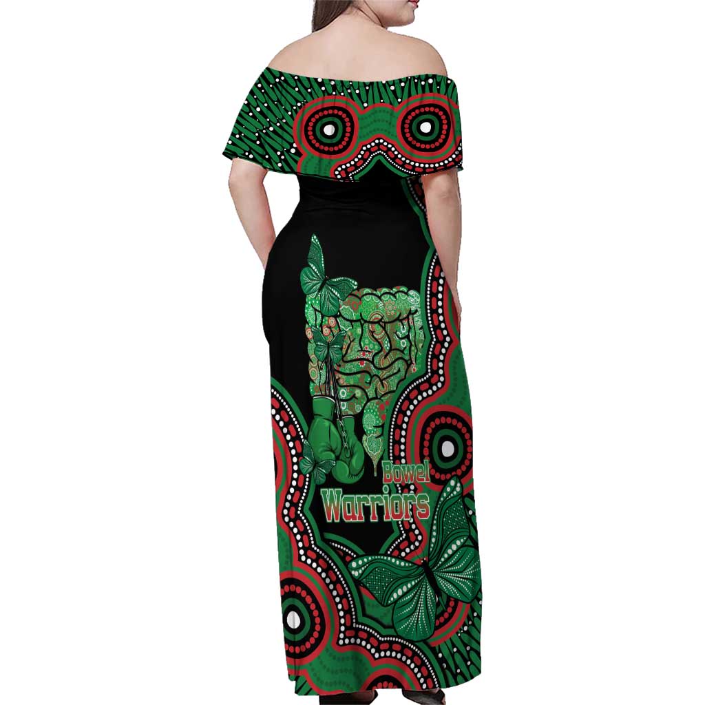Australia Bowel Cancer Awareness Month Family Matching Off Shoulder Maxi Dress and Hawaiian Shirt Boxing Gloves Warriors Aboriginal Art