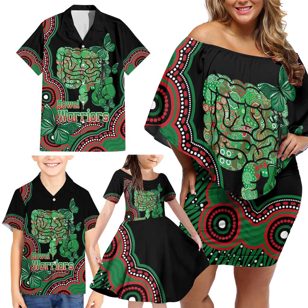 Australia Bowel Cancer Awareness Month Family Matching Off Shoulder Short Dress and Hawaiian Shirt Boxing Gloves Warriors Aboriginal Art