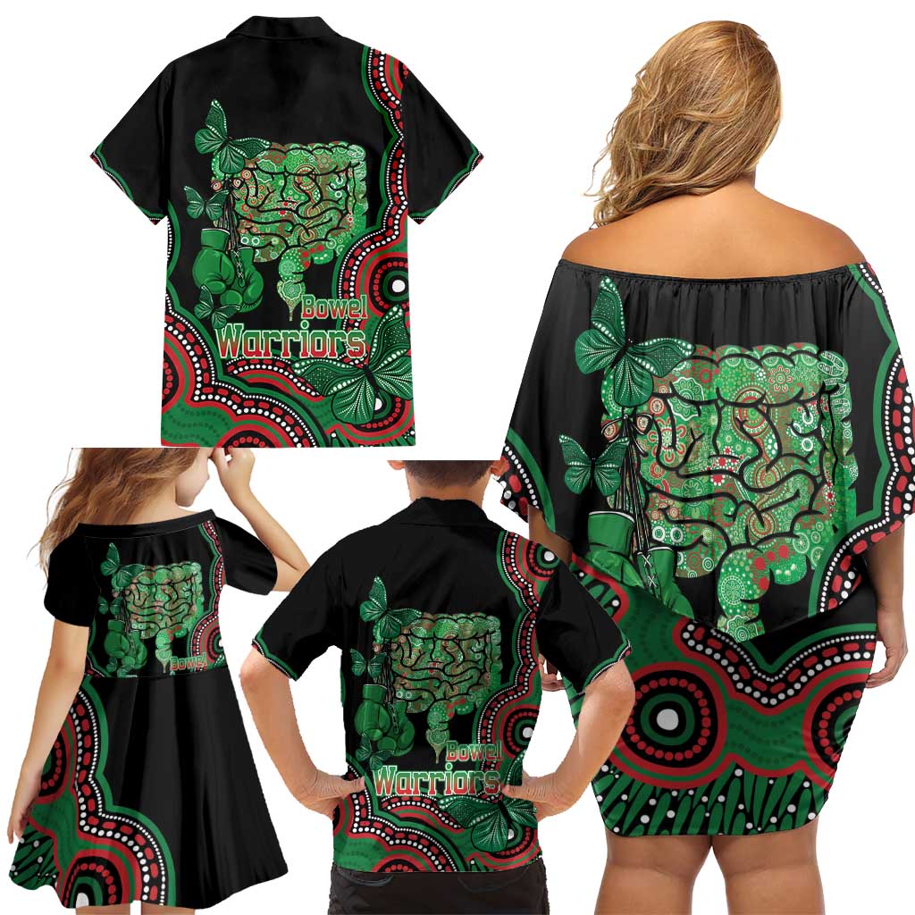 Australia Bowel Cancer Awareness Month Family Matching Off Shoulder Short Dress and Hawaiian Shirt Boxing Gloves Warriors Aboriginal Art