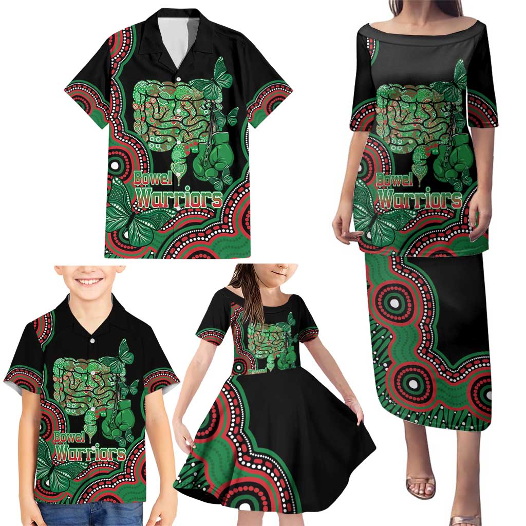 Australia Bowel Cancer Awareness Month Family Matching Puletasi and Hawaiian Shirt Boxing Gloves Warriors Aboriginal Art