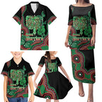 Australia Bowel Cancer Awareness Month Family Matching Puletasi and Hawaiian Shirt Boxing Gloves Warriors Aboriginal Art
