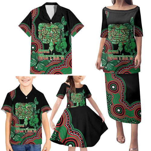 Australia Bowel Cancer Awareness Month Family Matching Puletasi and Hawaiian Shirt Boxing Gloves Warriors Aboriginal Art
