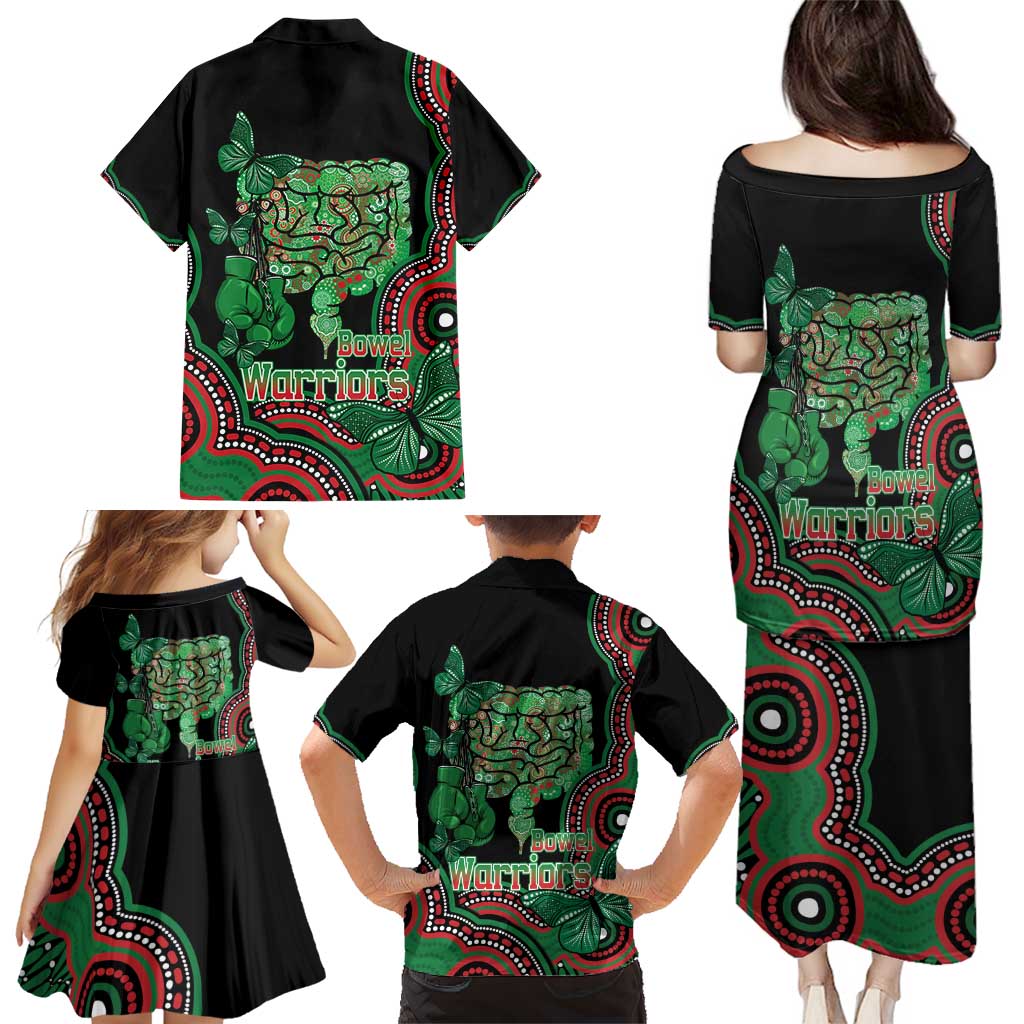 Australia Bowel Cancer Awareness Month Family Matching Puletasi and Hawaiian Shirt Boxing Gloves Warriors Aboriginal Art