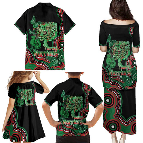 Australia Bowel Cancer Awareness Month Family Matching Puletasi and Hawaiian Shirt Boxing Gloves Warriors Aboriginal Art