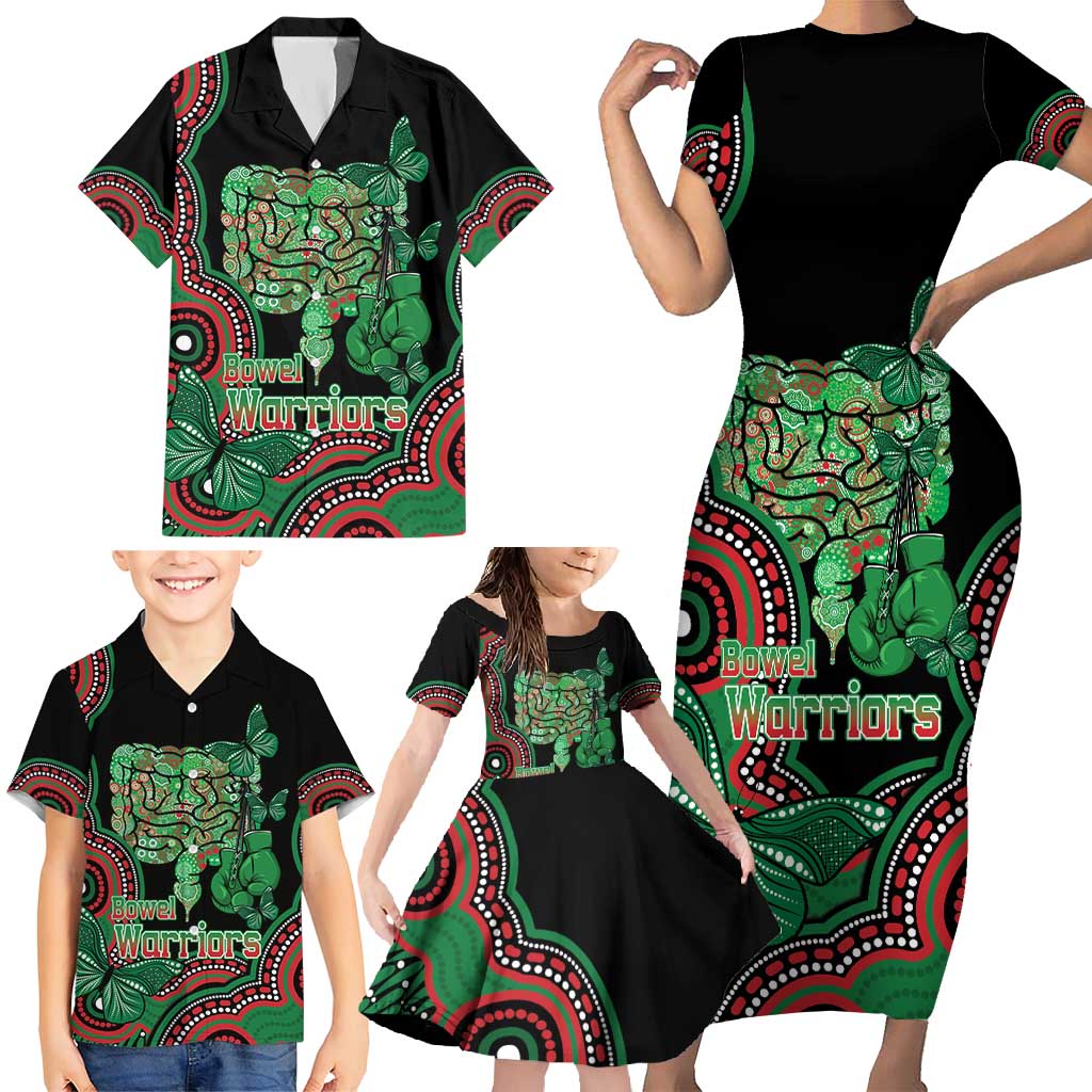 Australia Bowel Cancer Awareness Month Family Matching Short Sleeve Bodycon Dress and Hawaiian Shirt Boxing Gloves Warriors Aboriginal Art