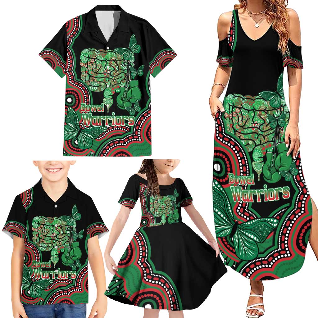 Australia Bowel Cancer Awareness Month Family Matching Summer Maxi Dress and Hawaiian Shirt Boxing Gloves Warriors Aboriginal Art