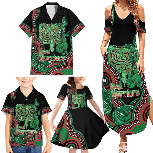 Australia Bowel Cancer Awareness Month Family Matching Summer Maxi Dress and Hawaiian Shirt Boxing Gloves Warriors Aboriginal Art