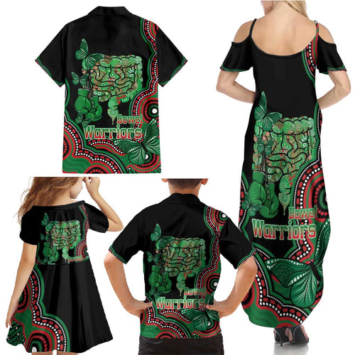 Australia Bowel Cancer Awareness Month Family Matching Summer Maxi Dress and Hawaiian Shirt Boxing Gloves Warriors Aboriginal Art