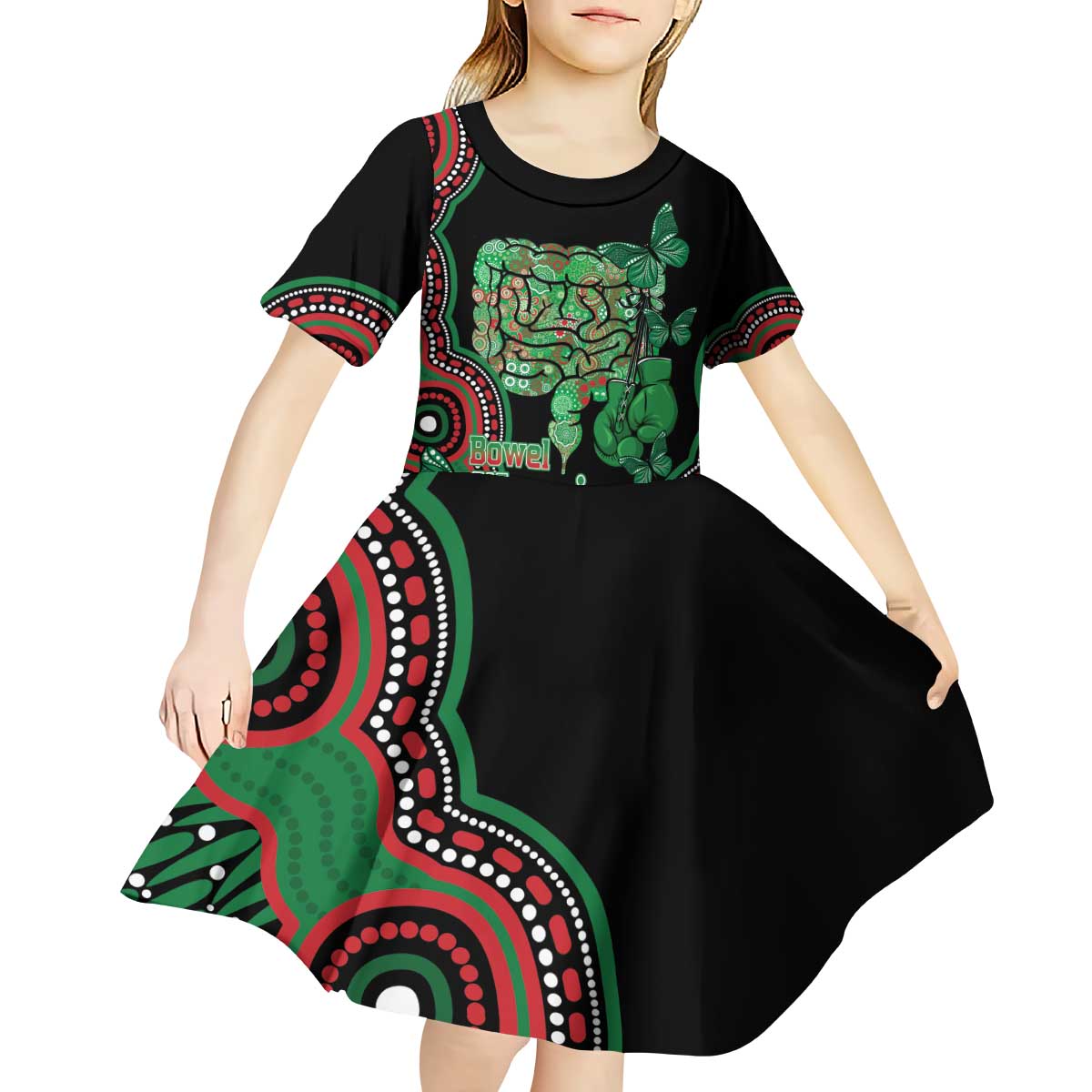 Australia Bowel Cancer Awareness Month Kid Short Sleeve Dress Boxing Gloves Warriors Aboriginal Art