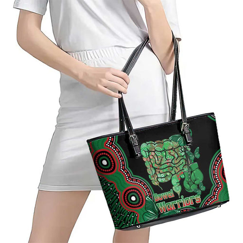 Australia Bowel Cancer Awareness Month Leather Tote Bag Boxing Gloves Warriors Aboriginal Art