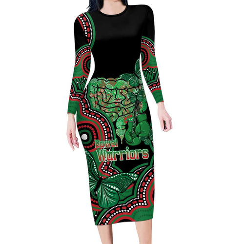 Australia Bowel Cancer Awareness Month Long Sleeve Bodycon Dress Boxing Gloves Warriors Aboriginal Art