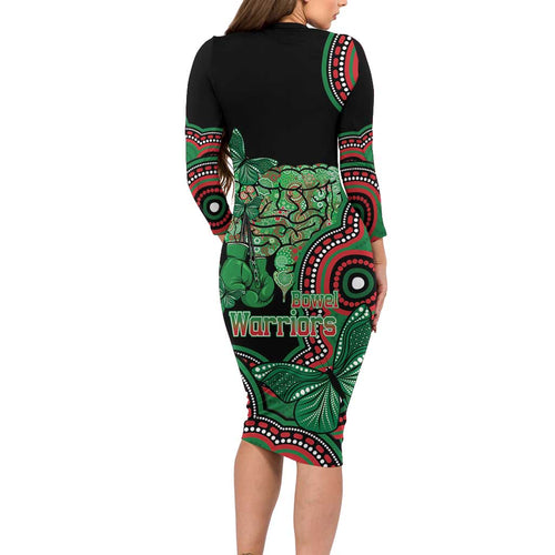 Australia Bowel Cancer Awareness Month Long Sleeve Bodycon Dress Boxing Gloves Warriors Aboriginal Art