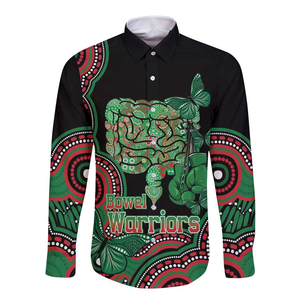 Australia Bowel Cancer Awareness Month Long Sleeve Button Shirt Boxing Gloves Warriors Aboriginal Art