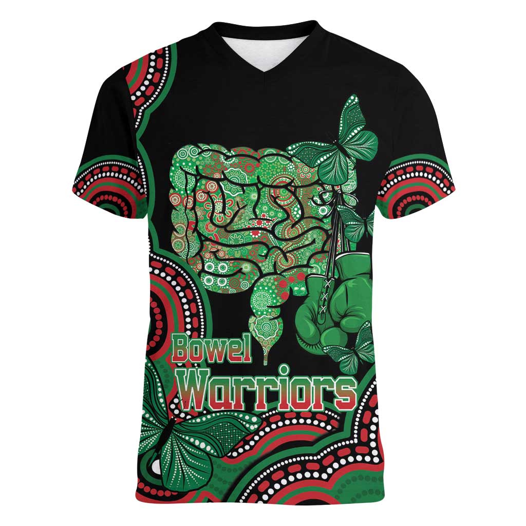 Australia Bowel Cancer Awareness Month Women V-Neck T-Shirt Boxing Gloves Warriors Aboriginal Art