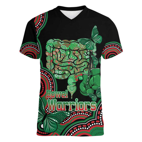 Australia Bowel Cancer Awareness Month Women V-Neck T-Shirt Boxing Gloves Warriors Aboriginal Art