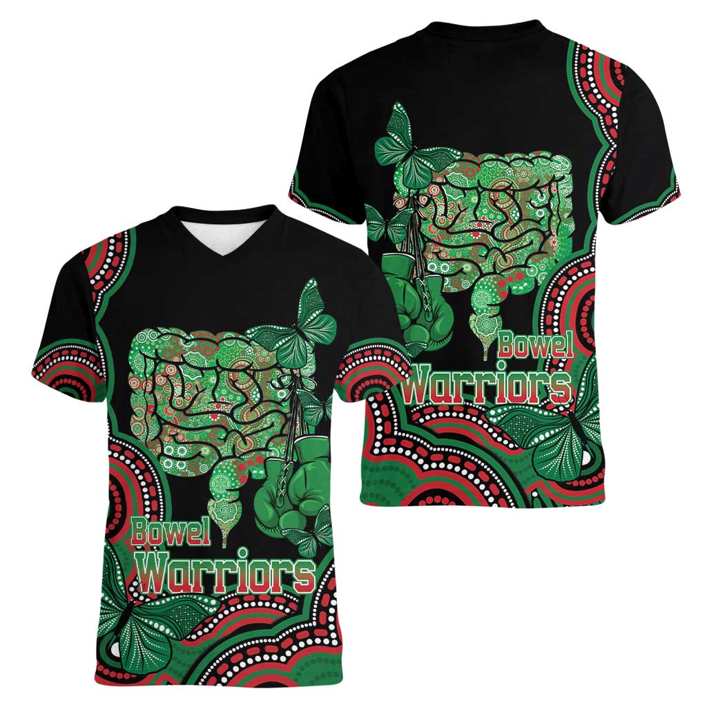 Australia Bowel Cancer Awareness Month Women V-Neck T-Shirt Boxing Gloves Warriors Aboriginal Art